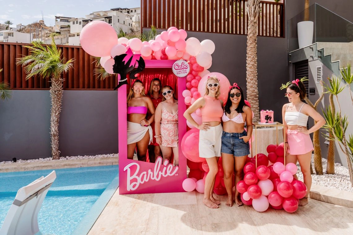 Barbie theme pool party at luxury vacation rental in Cabo San Lucas	