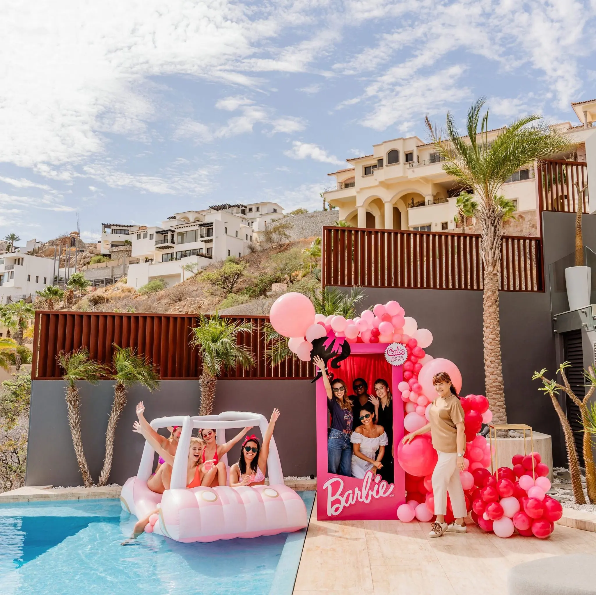 Barbie theme pool party at luxury vacation rental in Cabo San Lucas	