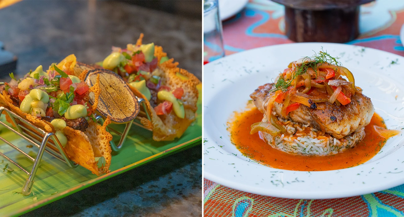 Seafood and tacos at Mi Cocina fine dining restaurant in San Jose del Cabo romantic courtyard setting in Los Cabos Mexico	