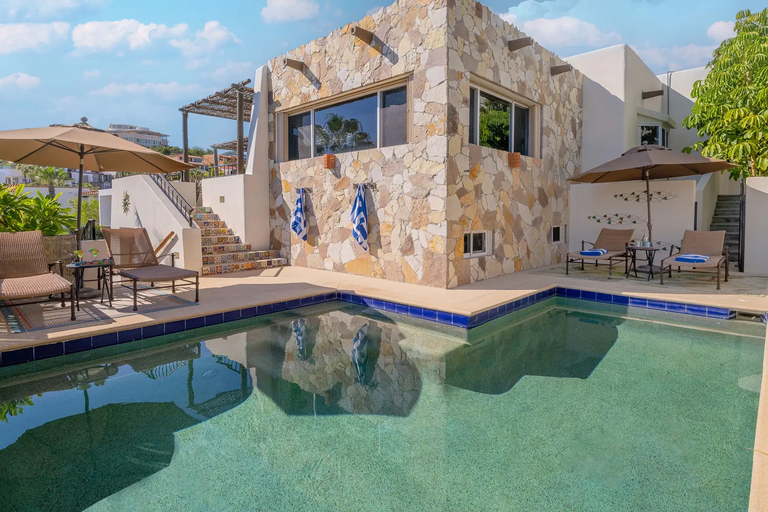 Private terrace and swimming pool at La Casa Bendecida private vacation rental villa in Los Cabos Mexico	