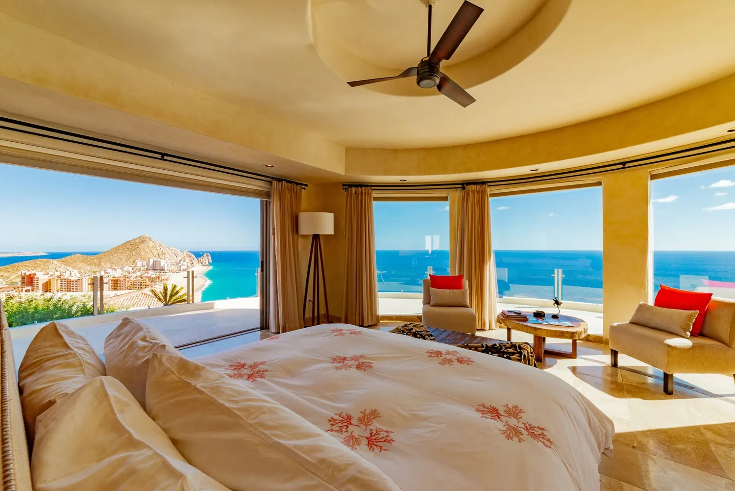 Plush bedroom suite at Luxury private vacation rental Villa Penasco in Cabo San Lucas Mexico	