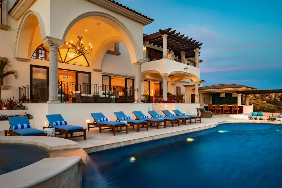 Cabo San Lucas luxury vacation rental Casa Stella Pool and jacuzzi with hacienda style architecture of the villa terrace